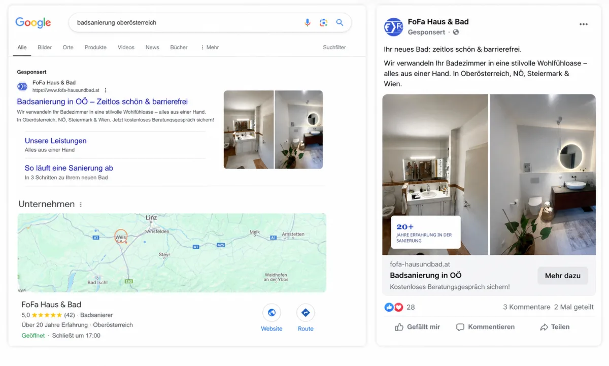 Beispiel-Mockup: Google-Suchanzeige und Facebook-Werbeanzeige eines Handwerksbetriebs
