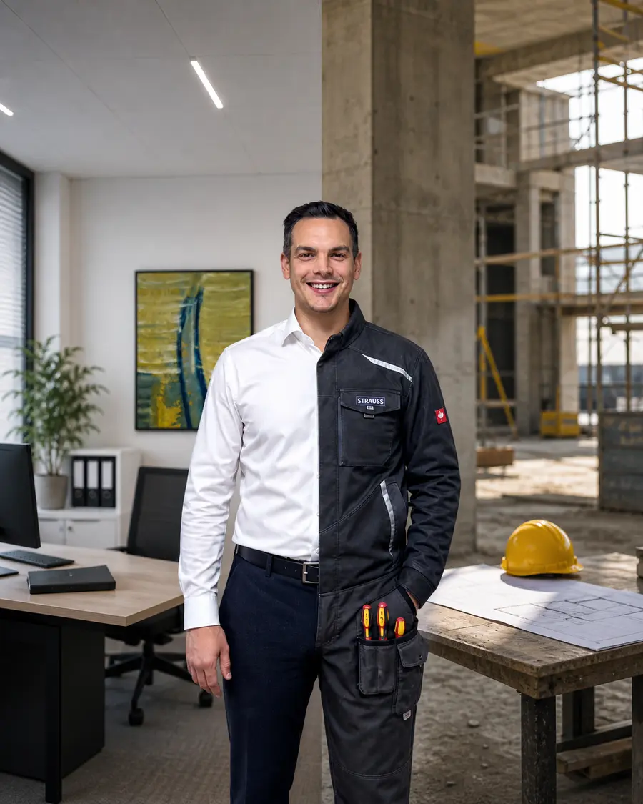 Julien Schürer, halb im Büro, halb auf der Baustelle. Geschäftsführer LISN, Elektromeister und Marketing-Spezialist.